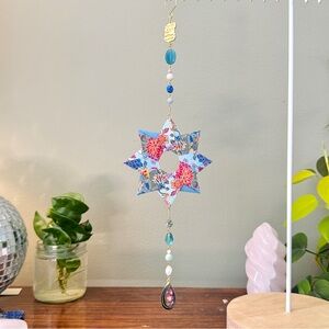 Origami Ornament #S01 - 8-Pointed Star with Repurposed Beads & Cloissoné Pendant